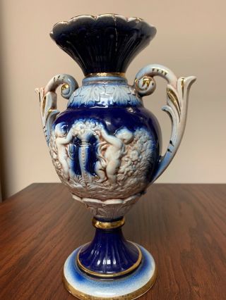 Norleans Footed Cobalt Ewer Urn Vase Handmade in Italy 11x7 Blue With Cherubs 3