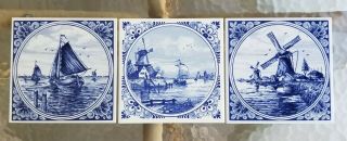 Set Of 3 Vintage Hand Painted Delft Tiles - Boats And Windmills