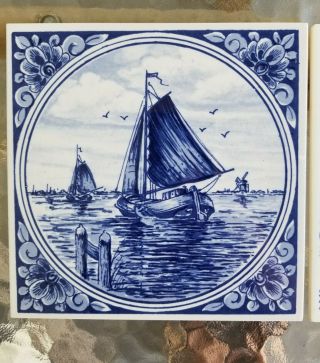 Set of 3 Vintage Hand Painted DELFT Tiles - BOATS and WINDMILLS 2