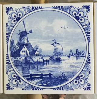 Set of 3 Vintage Hand Painted DELFT Tiles - BOATS and WINDMILLS 3