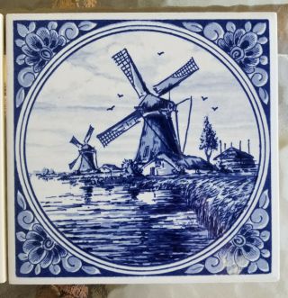 Set of 3 Vintage Hand Painted DELFT Tiles - BOATS and WINDMILLS 4
