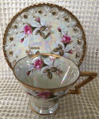 Vintage Royal Sealy Tea Cup Saucer Set Rose Opal Multi - Color Luster Gold Trim