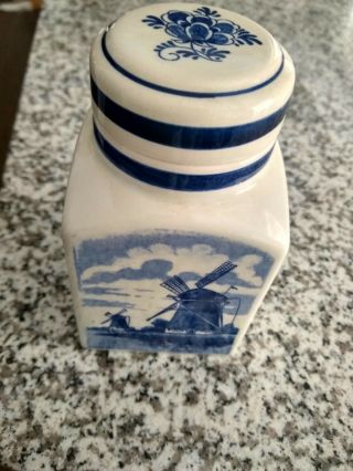 Vintage Delft Blauw Holland Hand Painted Blue Canister Jar And Tray Windmills