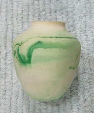 Old Green Swirl Nemadji Earth Clay Pottery Vintage Small 3 " Urn Vase S/h