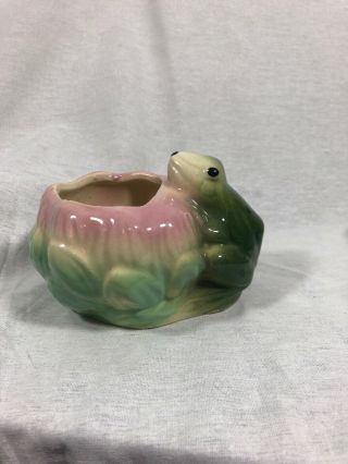 Vintage Pottery Toad Frog Lily Pad Green Planter Vase Small Lotus Flower
