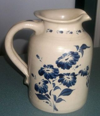 Vtg Williamsburg Pottery Stoneware 8 " Country Blue Flower Decorated Pitcher