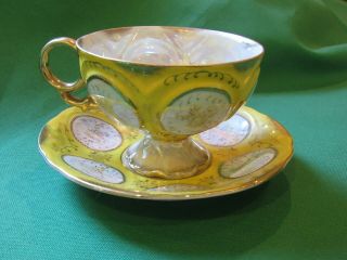 Ucagco,  Cup And Saucer Lusterware Footed,  Yellow,  White And Gold,  Pearlized Japan