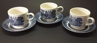 Churchill England Vintage Blue Willow Tea Cups And Saucer (set - 3)