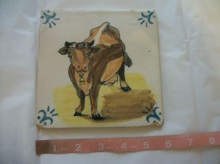 Vintage Antique Cow / Bull Tile 5 1/2 X 5 1/2 Folkart