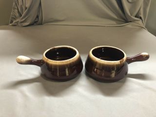 Vintage Mccoy Usa Brown Drip Bean Pot Soup Bowl With Handle Marked 7054 Set Of 2