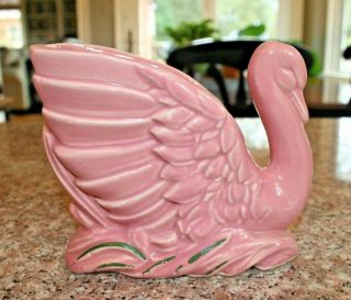 Vintage Mccoy Pottery 5 " X 6 " Pink Swan Shaped Planter W/red & Green Cold Paint