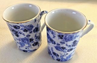 Antique Reflections By J Godinger & Co Blue Roses On White With Gold Rim Cups