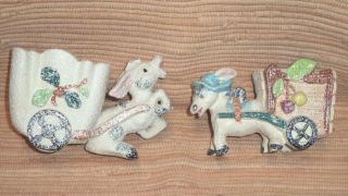 Pair Vintage Unique Glaze Ceramic Vintage Donkey Cart Planters Made In Japan