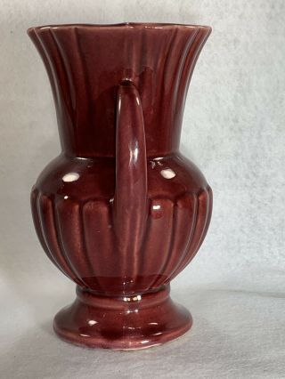 Vintage Shawnee USA Pottery Maroon Burgundy Red Handled Ribbed Vase/Urn 2