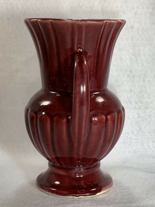 Vintage Shawnee USA Pottery Maroon Burgundy Red Handled Ribbed Vase/Urn 4
