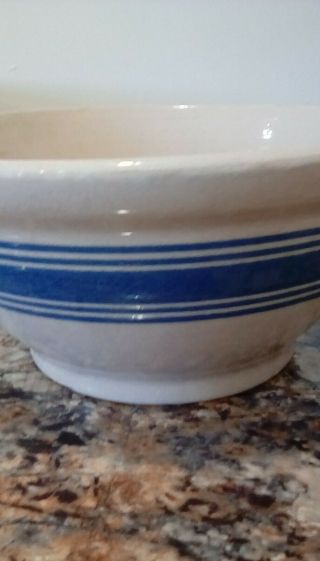 Unmarked Vintage 10 Glazed Stoneware Crock Mixing Bowl Beige/blue Stripes