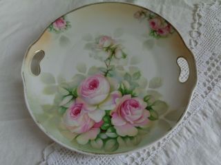 Antique Es Prussia Porcelain Pink Roses Handled Cake Plate