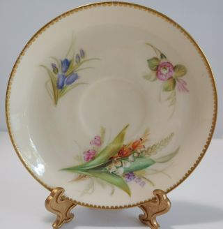 Royal Worcester 1876 Floral Design Small Ivory Porcelain Plate With Gold Trim