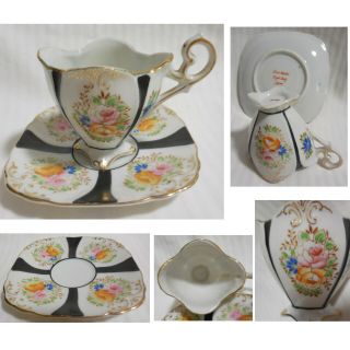 Royal Sealy Hand Painted Porcelain Demitasse Cup & Saucer Flower Panel Gold Trim