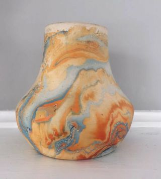 Vintage Nemadji Pottery Usa Swirl Vase 5 " Vibrant Orange Blue Indian Head Stamp