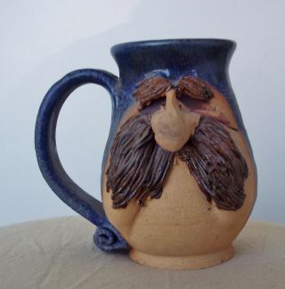 Pottery Mug Stein Stoneware Funny Face Big Mustache Signed Artist Cup Vintage