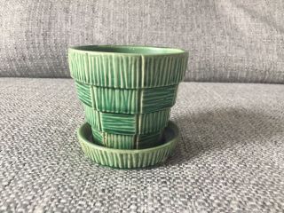Small Forrest Green Mccoy Usa Basketweave Flower Pot Attached Saucer