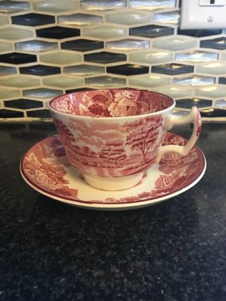 Enoch Woods English Scenery Pink/ Red Cup & Saucer 2