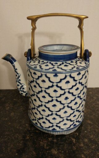 Vintage Asian Blue & White Teapot With Brass Handle,  Height Approx 9 "