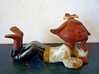 Vintage 7 " Redware Ceramic Pottery Japanese Girl Figurine Japan Cute 1950s 60s
