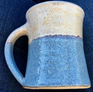 Blue & Beige Unique Hand Thrown Studio Pottery Mug Cup - Artist Signed