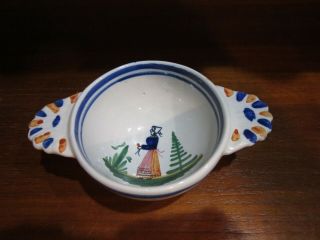 H B Quimper Small Two Handled Bowl Hand Painted Woman France
