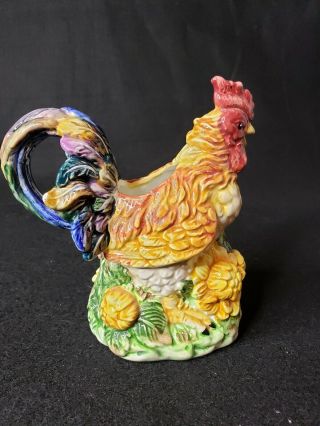 Majolica Rooster Pitcher/creamer In Vibrant Colors 6.  25 " Tall