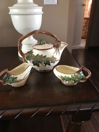 Mccoy Vintage Art Pottery Ivy Tea Set Teapot,  Sugar Bowl And Creamer 1950s