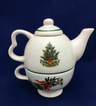 Pfaltzgraff Christmas Heritage Tea For One 3 Piece Set Teapot Tree