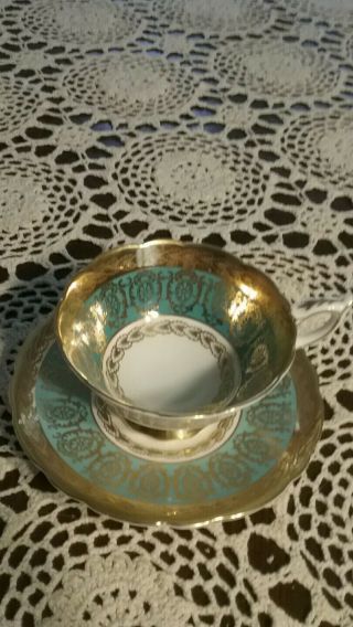 Royal Stafford England Gold Turquoise Blue Green Tea Cup Saucer Set