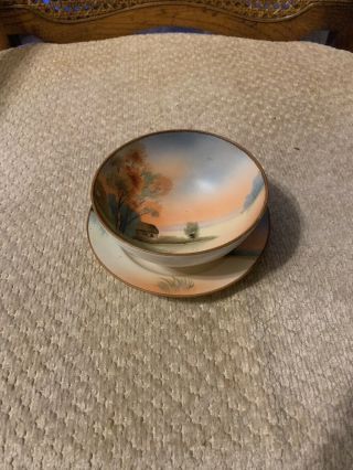 Vintage Hand Painted Nippon Scenic Bowl And Saucer