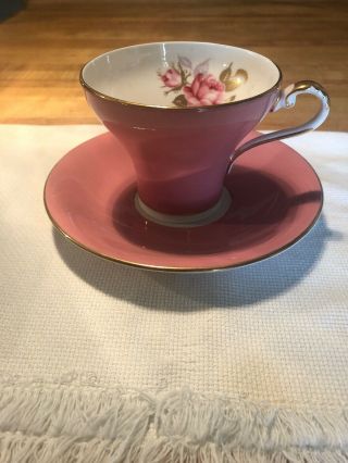 Aynsley Pink And Gold With Pink Rose Corset Tea Cup And Saucer,  England C.  1960
