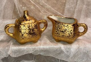 Vintage 22 K Weeping Bright Gold Sugar Bowl & Creamer Footed Usa Hand Decorated