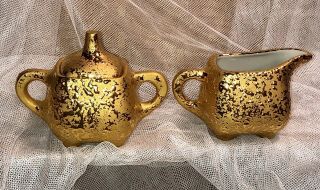Vintage 22 K Weeping Bright Gold Sugar Bowl & Creamer Footed USA Hand Decorated 3