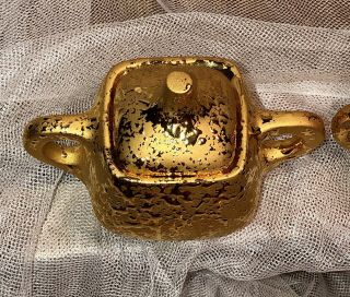 Vintage 22 K Weeping Bright Gold Sugar Bowl & Creamer Footed USA Hand Decorated 4