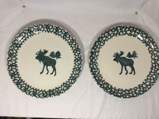Folk Craft Moose Country Tienshan Green Sponge 10.  5” Dinner Plates Cabin Qty Of 2