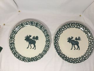 Folk Craft Moose Country Tienshan Green Sponge 10.  5” Dinner Plates Cabin Qty Of 4