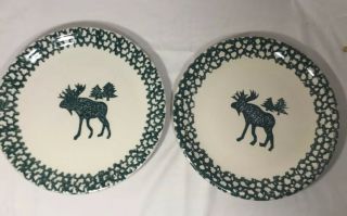 2 Folk Craft Moose Country Tienshan Green Sponge 10.  5” Dinner Plates Cabin