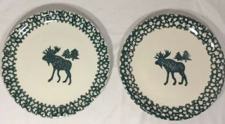 2 Folk Craft Moose Country Tienshan Green Sponge 10.  5” Dinner Plates Cabin 3