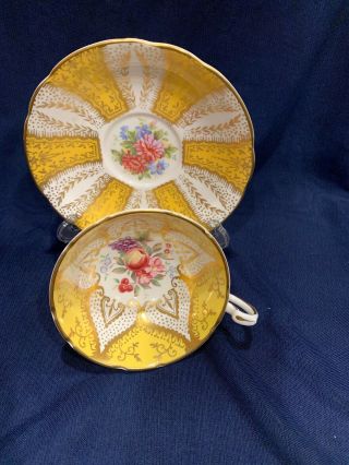 Gorgeous Yellow and Gold Floral Bouquet Fruit Paragon Tea Cup and Saucer NR 2