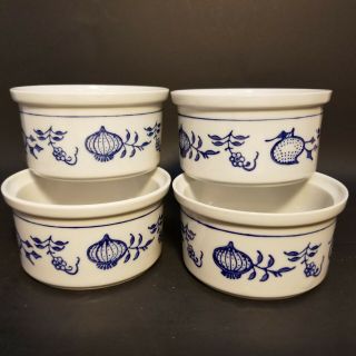 Set Of 4 Antique Kahla Porcelain Blue Onion Ramekins German Democratic Republic