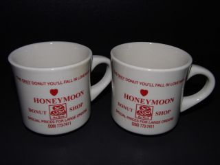 Vintage Set 2 Diner Restaurant Ware Red Coffee Mugs Honeymoon Donuts Pair Cups