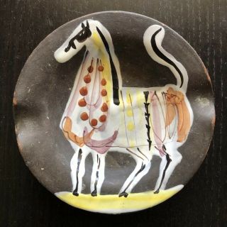 Vintage Mid Century Modern Italian Pottery Ashtray Ring Plate Horse Art Signed