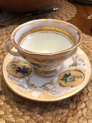Antique 1863 Kpm Porcelain Cup & Saucer Gold And Flowers
