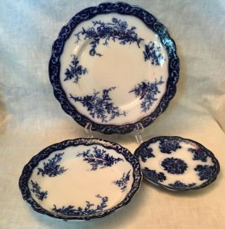3 Pc.  Antique Flow Blue Touraine Dinner Plate,  Soup Bowl,  Saucer Henry Alcock